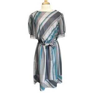 Vintage Glamax Dress Womens XL Blue Gray Striped Puff Sleeves 80s Retro